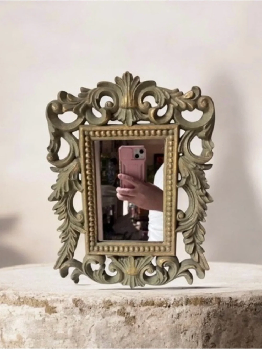 Ornate Vintage Decorative wall Mirror in Antiqued Gold and Green